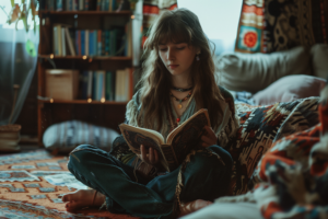 Picture of reading woman to picture benefits of meditation.