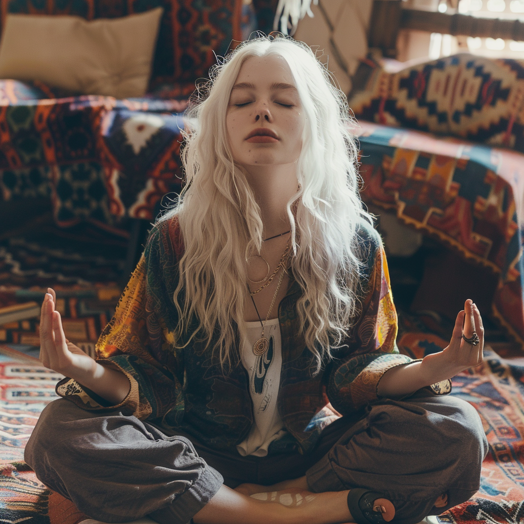 Digital art of white-haired meditating woman in an article about meditation for beginners