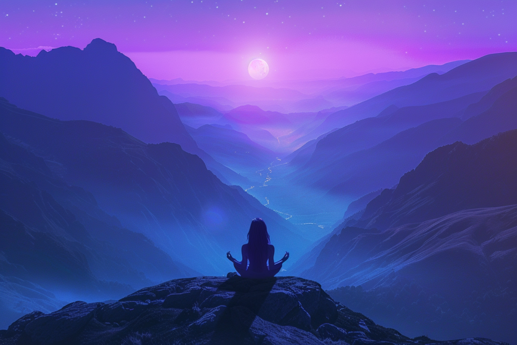 Digital art of meditating woman in the mountains