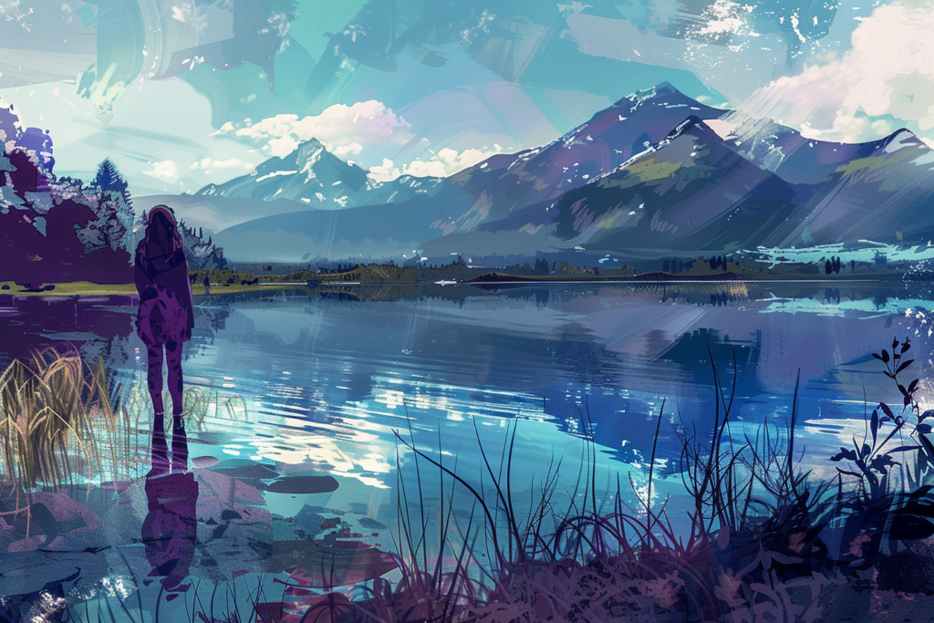 Digital art of woman nearby a lake and mountains, to symbolize the importance of mental health and self-hypnosis