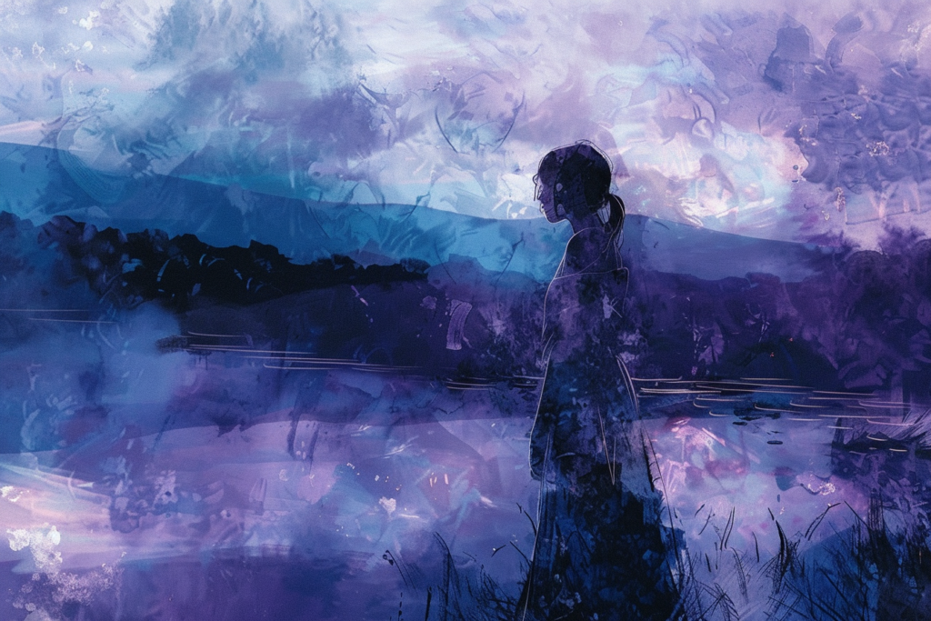 Digital art of woman by the lake, as a symbol of mindfulness and meditation.