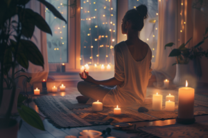 Digital art of meditating woman, as to represent spirituality and mental health.