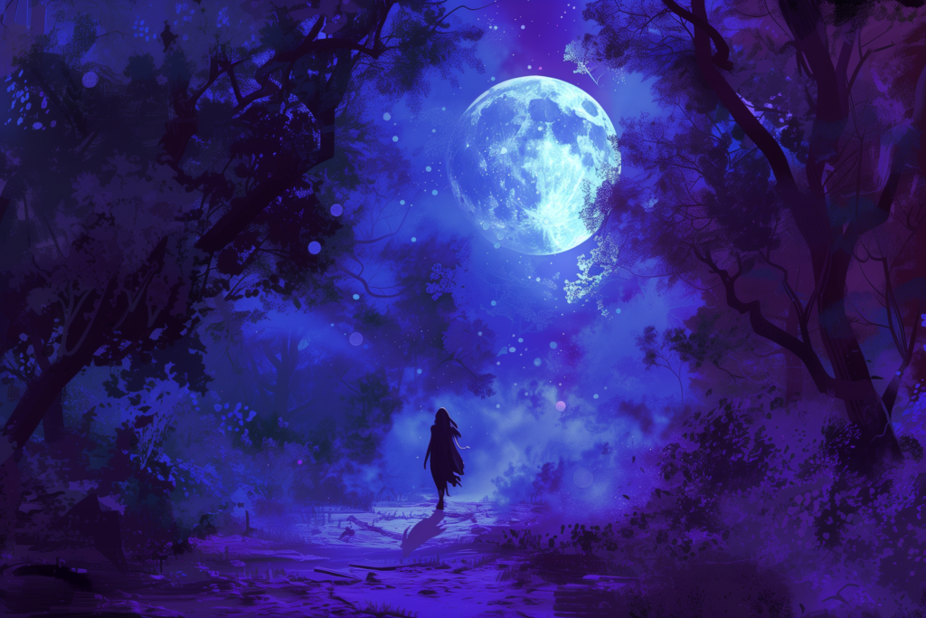 Digital art of woman under moon, to picture benefits of meditation.
