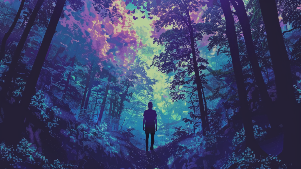 Digital art of man in calm forest, to symbolize self-hypnosis for stress reduction