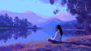 Woman meditating nearby a lake, digital art