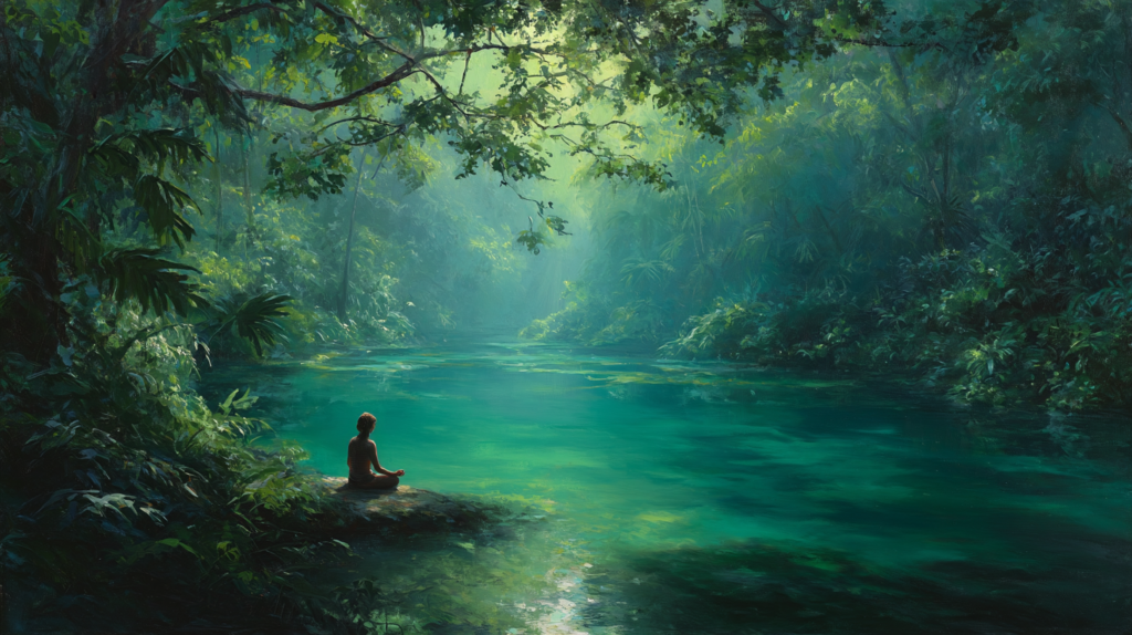 Woman meditating in rainforest as a symbol of spiritual awakening sign