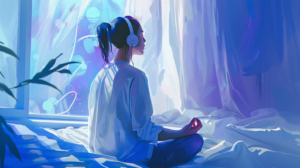Woman meditating while listening to music