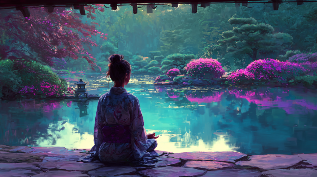 Woman during self-hypnosis/meditation in Japanese garden