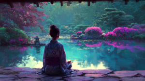 Woman during self-hypnosis/meditation in Japanese garden