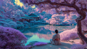 Digital art of woman meditating on her limiting beliefs to picture self-hypnosis as a tool to fight them