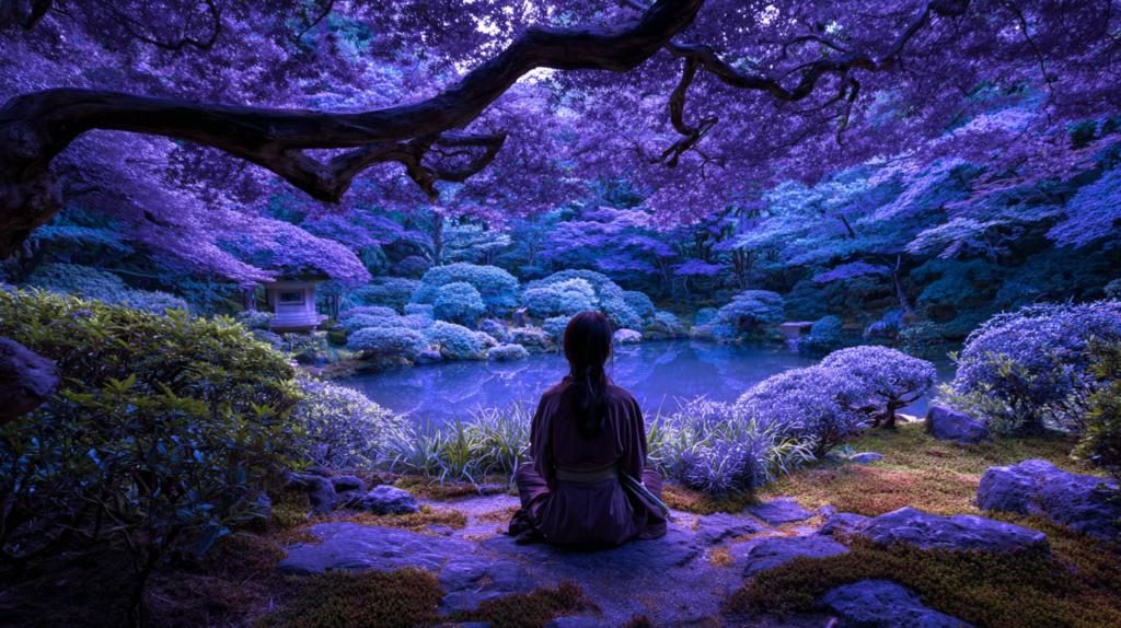 Woman practicing self-hypnosis and meditation in japanese garden